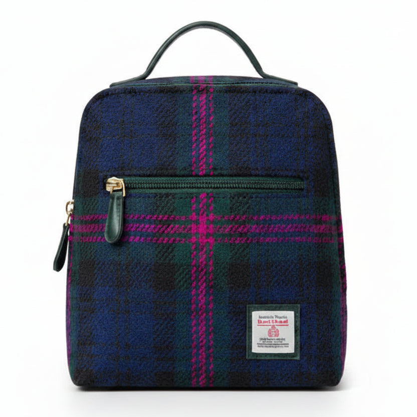 Maccessori mini backpack in navy and pink Baird check Harris Tweed, worn lifestyle shot
