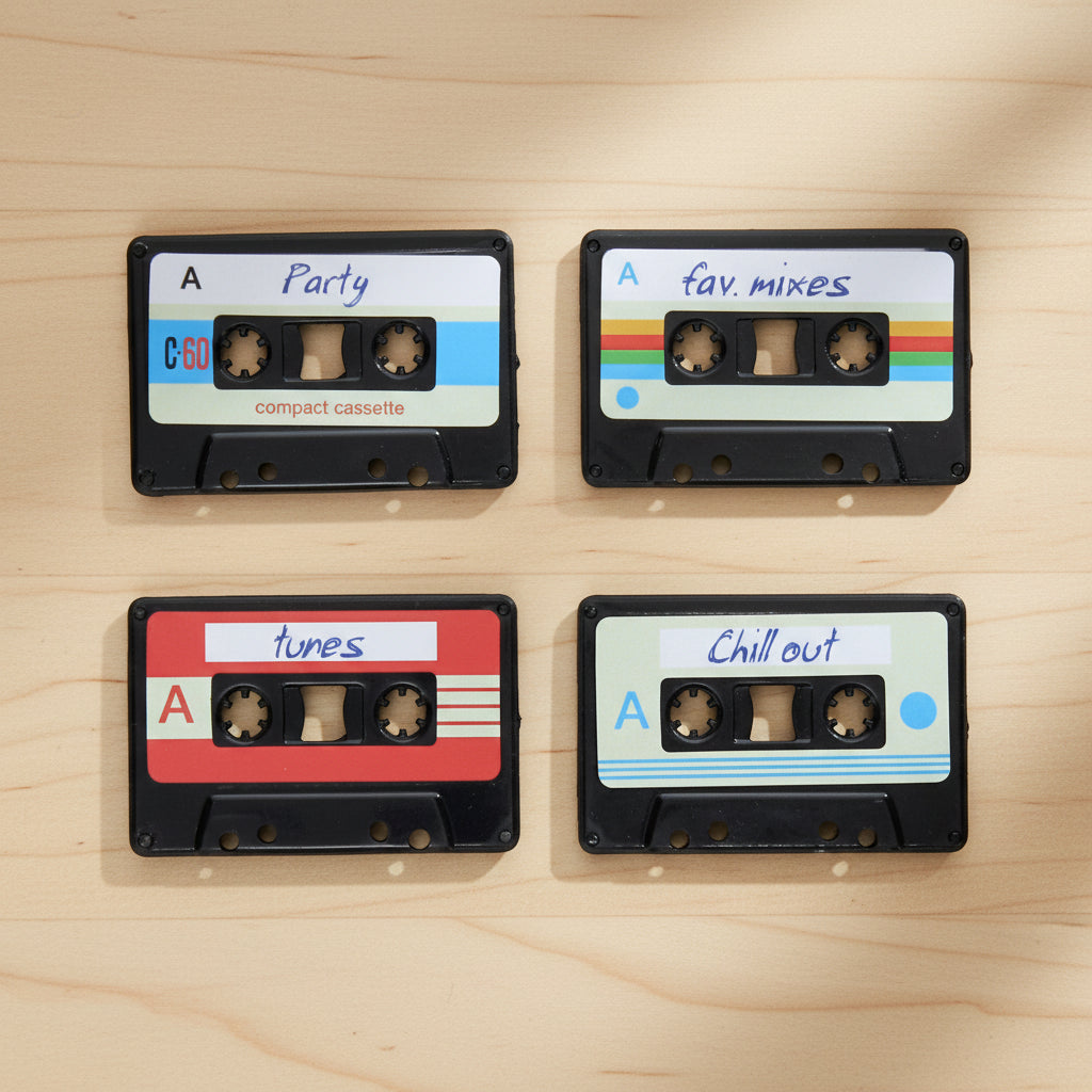 Close-up of retro cassette magnets with handwritten labels “Party”, “Fav Mixes”, “Tunes”, and “Chill Out”