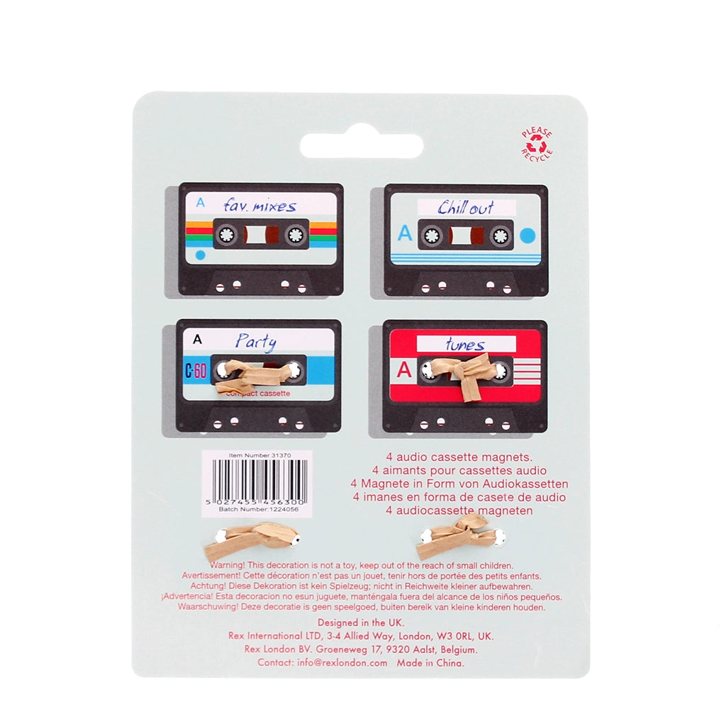 Rear packaging of retro cassette mini magnets set of four with product details