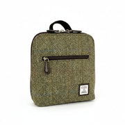 Country Green Harris Tweed mini backpack front angled view on white background.