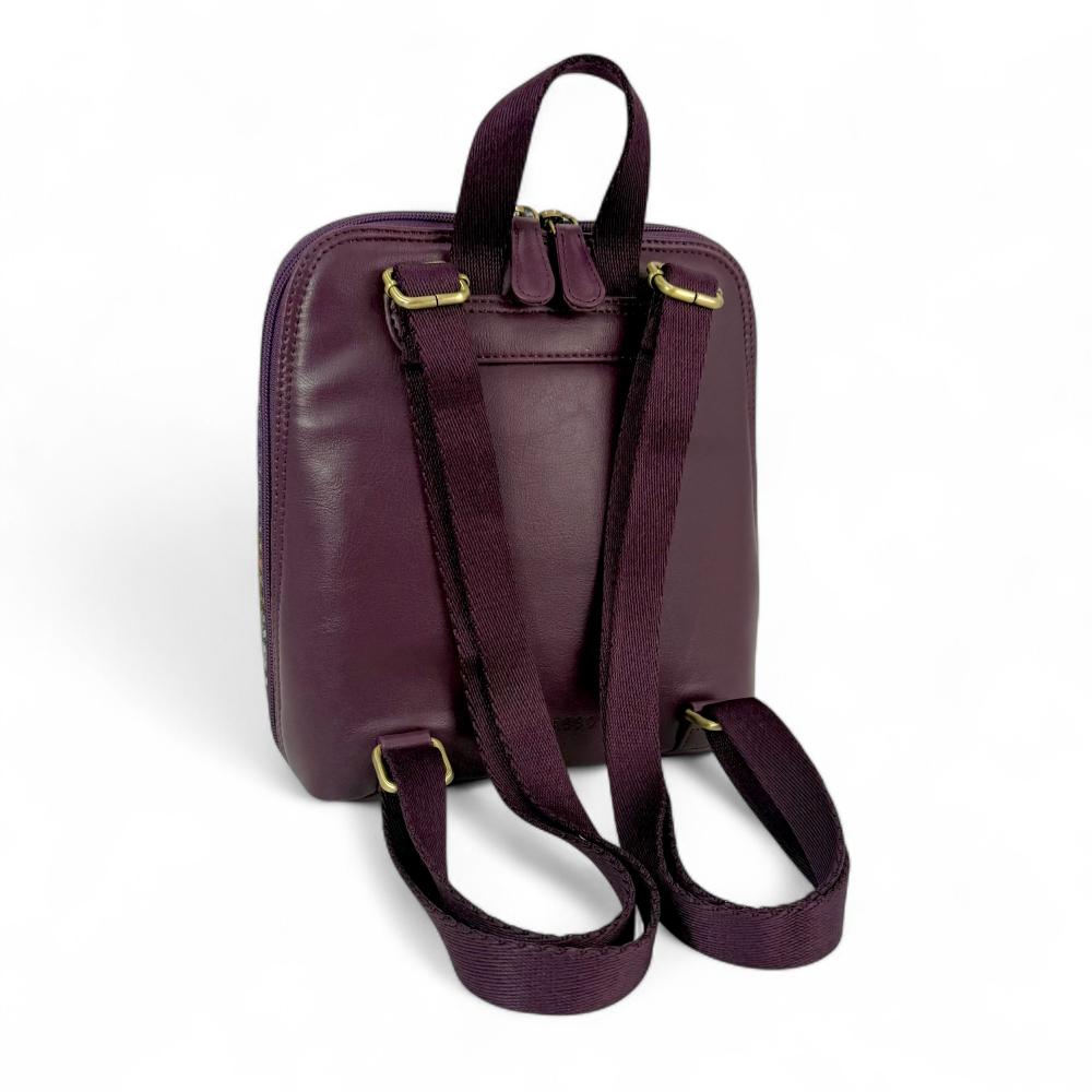 Green And Purple Plaid Harris Tweed mini backpack back view showing plum vegan leather and straps.