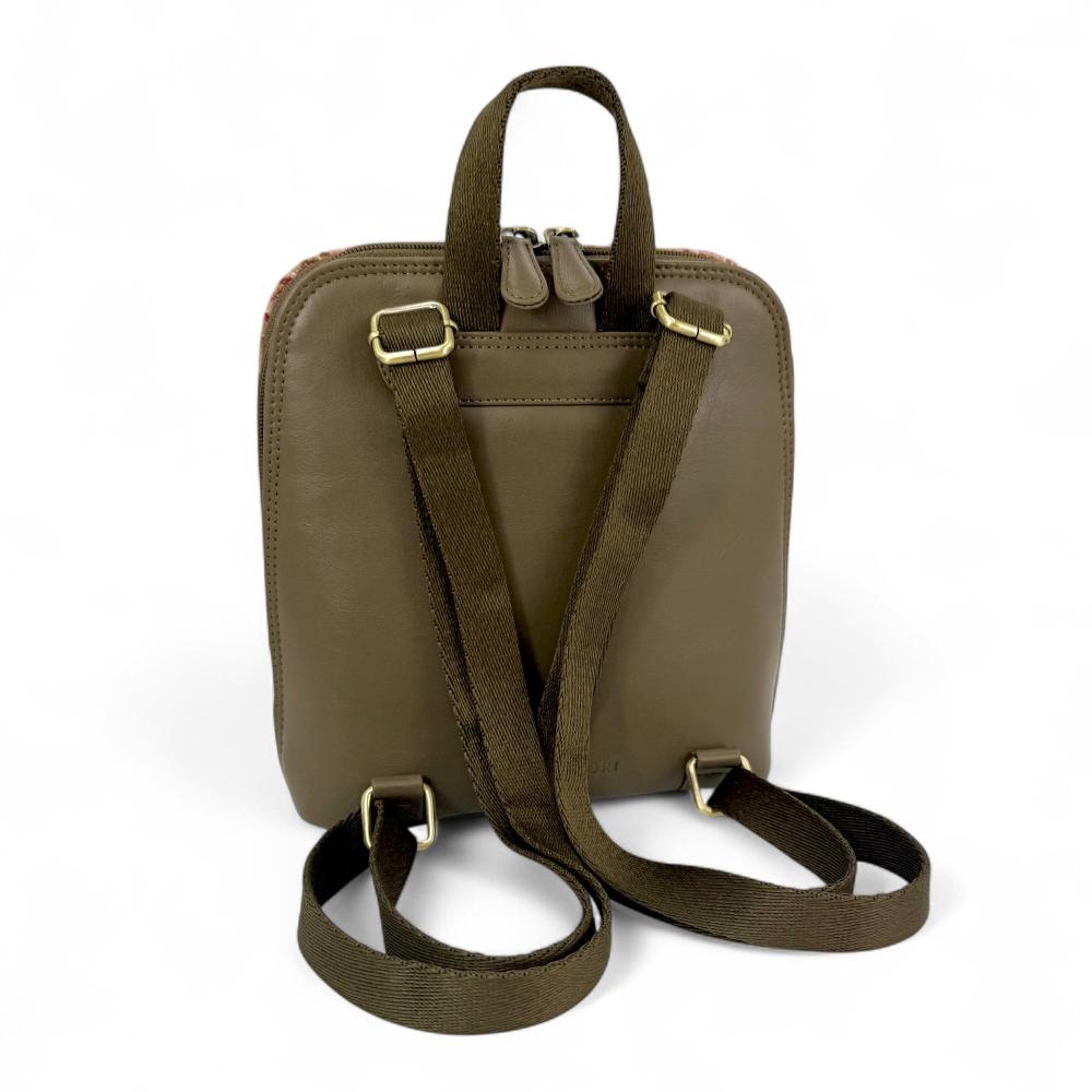 Maple Harris Tweed mini backpack back view showing olive vegan leather and straps.