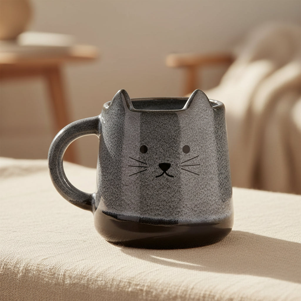 Cat-shaped mug with a textured finish on a white background