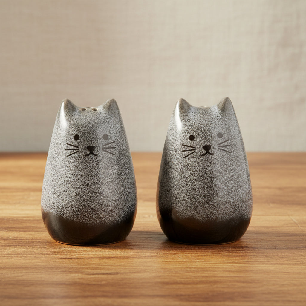 Two cat-shaped salt and pepper shakers on a white background