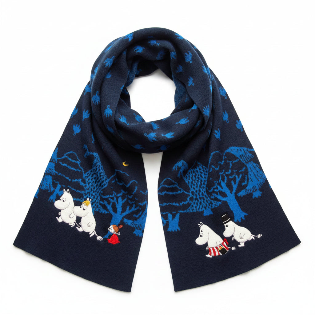 Moomin Blue Forest Embroidered Scarf featuring Moomin characters walking through a blue forest, displayed on a pink background.
