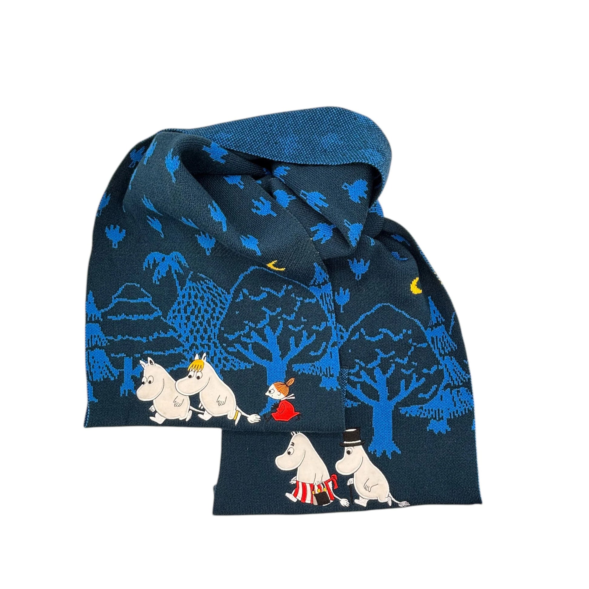 Moomin Blue Forest Embroidered Scarf laid flat, showing full pattern of Moomin characters and trees in shades of blue.