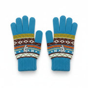 Flat lay of Moomin Fair Isle gloves showing front design with Moomintroll embroidery.