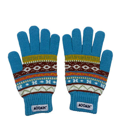 Back view of Moomin gloves showing colourful fair isle knit and logo.