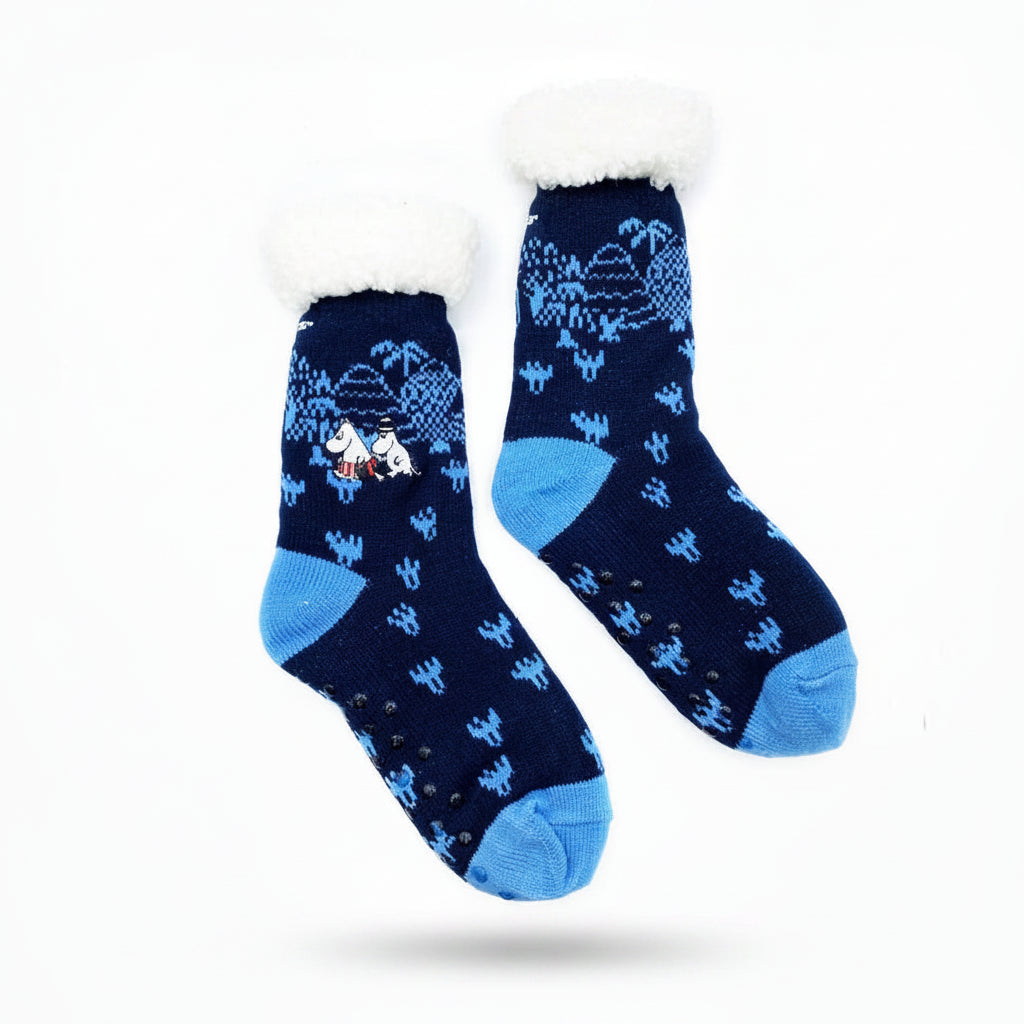 Side view of fluffy Moomin slipper socks with forest knit and embroidered details