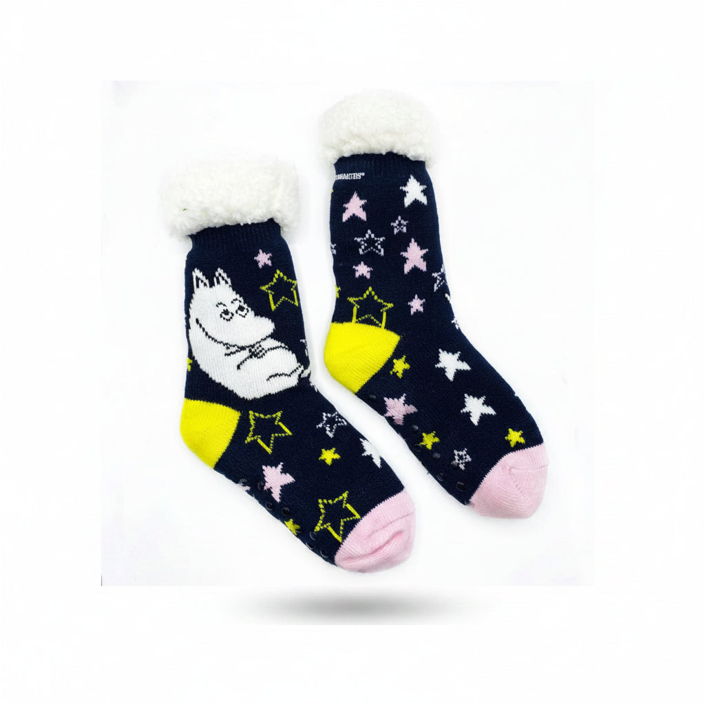Flat lay of Moomin star slipper socks showing fleece lining and star pattern