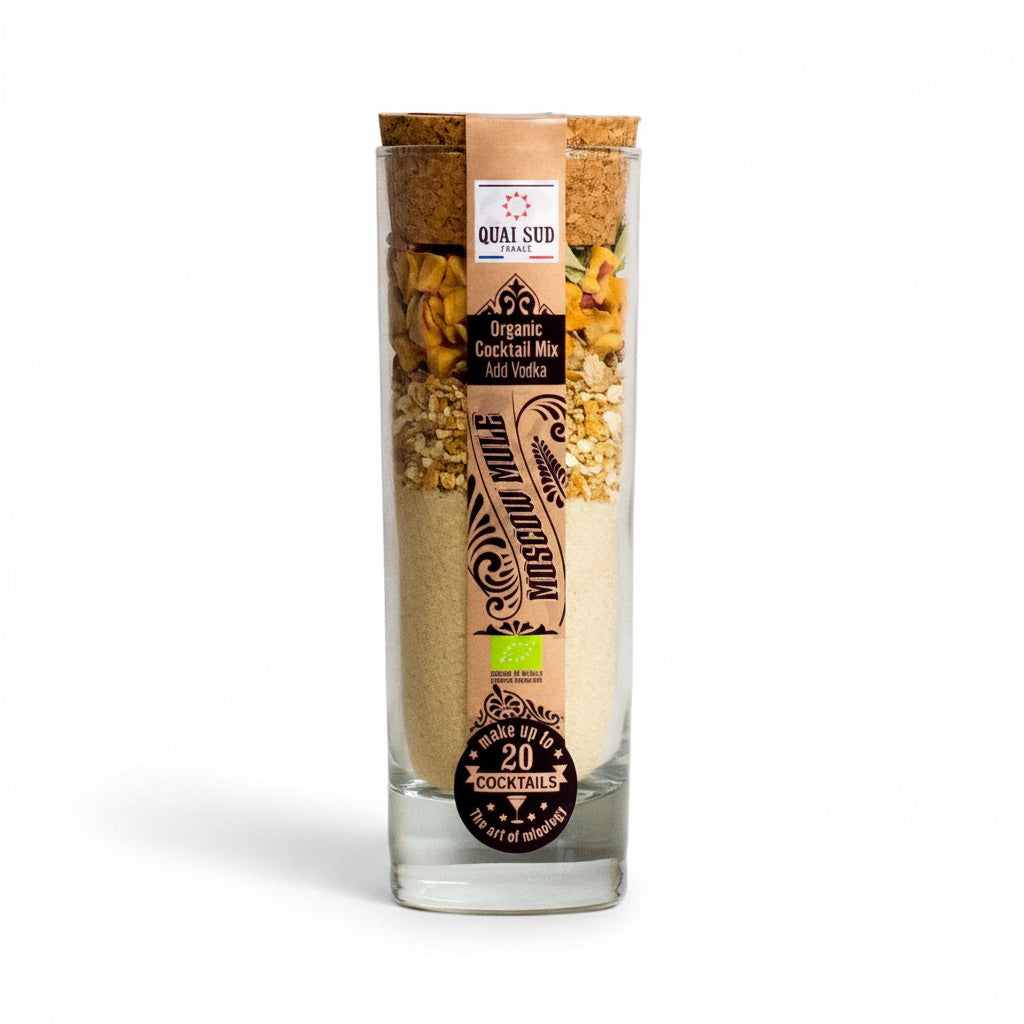 Front view of Moscow Mule cocktail mix bottle with cork lid and organic label.
