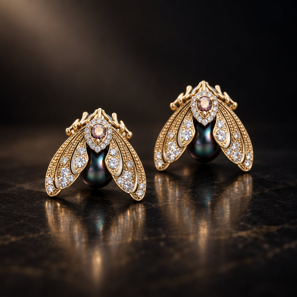Pair of gold and black earrings on a white background