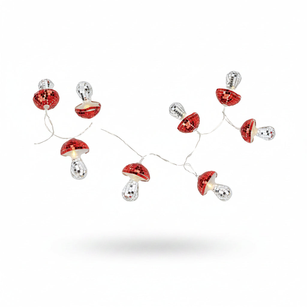 String of Mushroom LED Disco Lights laid out showing mirrored red tops and silver stalks.