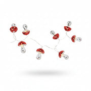 String of Mushroom LED Disco Lights laid out showing mirrored red tops and silver stalks.