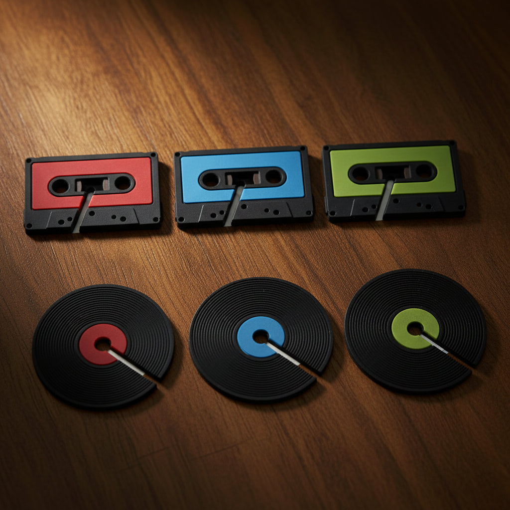Close-up of individual record and cassette drinks markers in red, blue, and green colours.