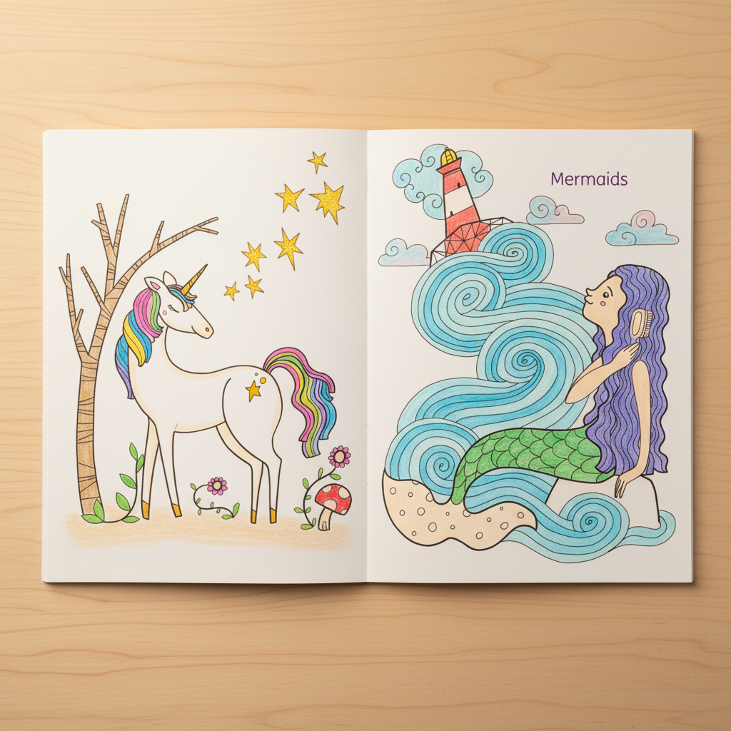 Black and white colouring page showing a unicorn under stars beside a tree, and a mermaid with flowing hair sitting on rocks near a lighthouse, labelled “Mermaids.”