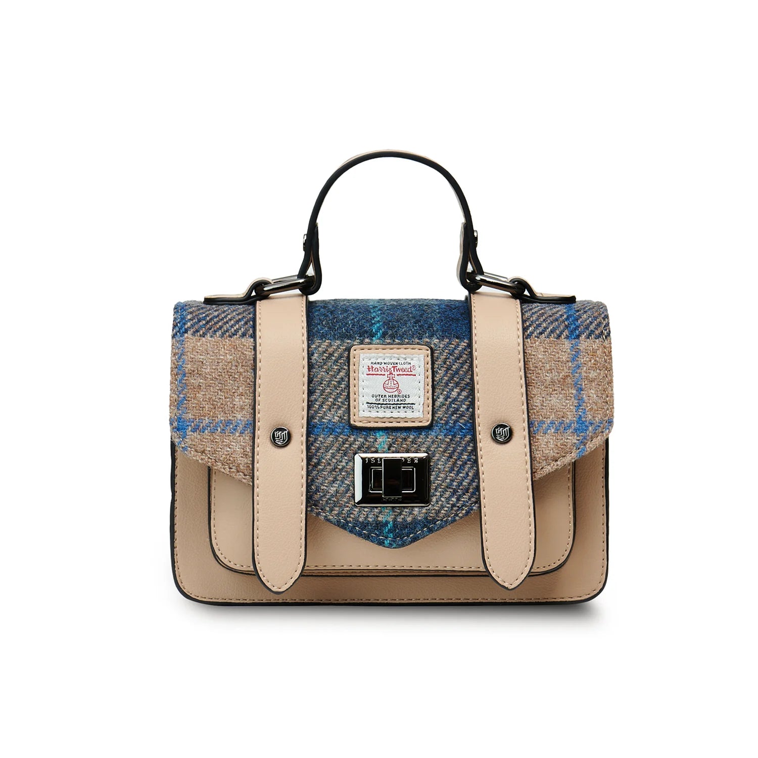 Close-up side angle of Harris Tweed fabric and beige faux leather strap detail.