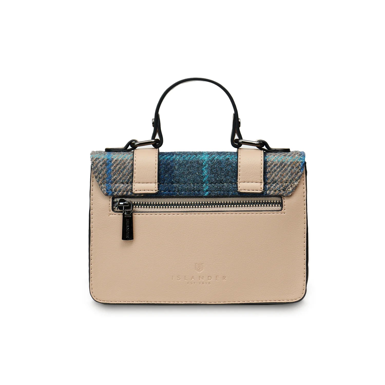 Back view of Islander satchel showing zip pocket and faux leather detail.