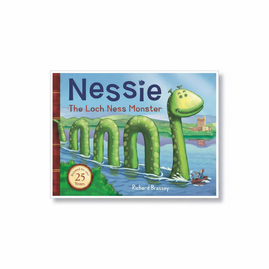 Front cover of “Nessie: The Loch Ness Monster” by Richard Brassey featuring a friendly green Nessie in Loch Ness with a castle in the background.