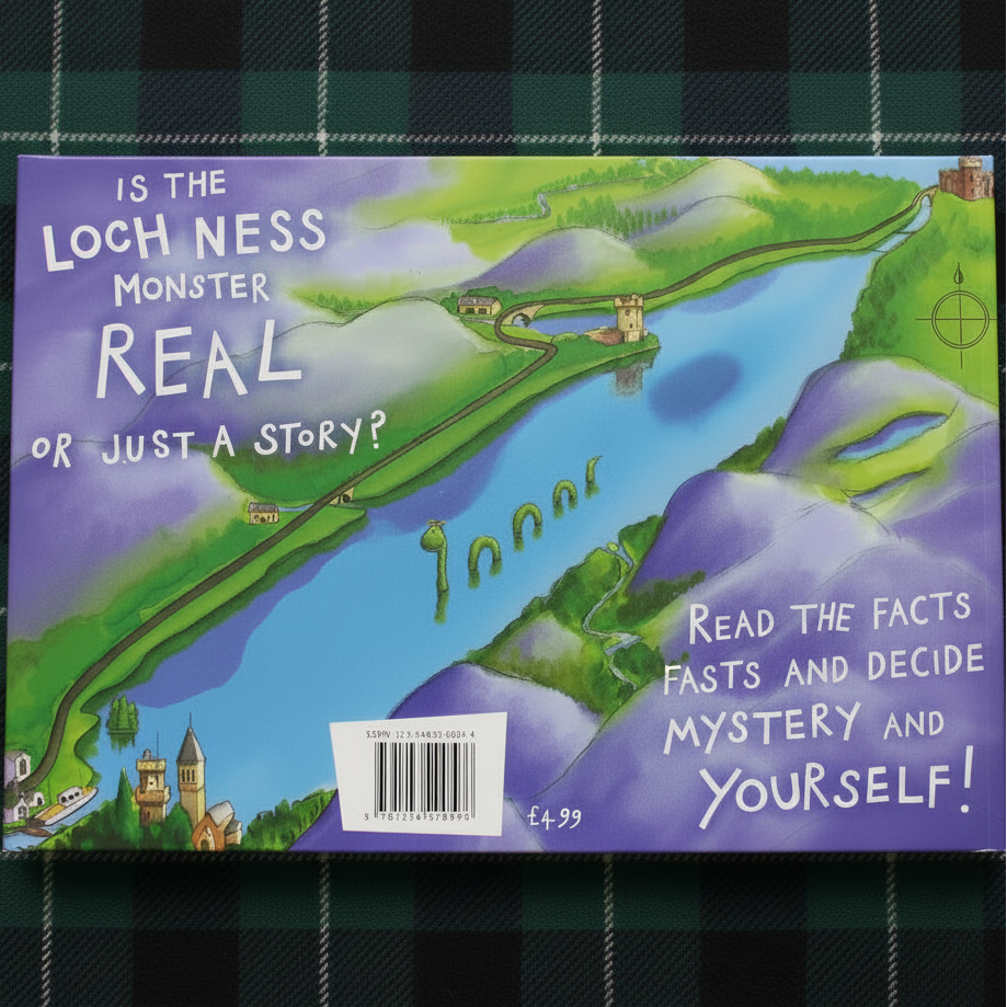 Back cover of “Nessie: The Loch Ness Monster” showing a map-style illustration of Loch Ness with Nessie in the water and playful text inviting readers to decide if she’s real.