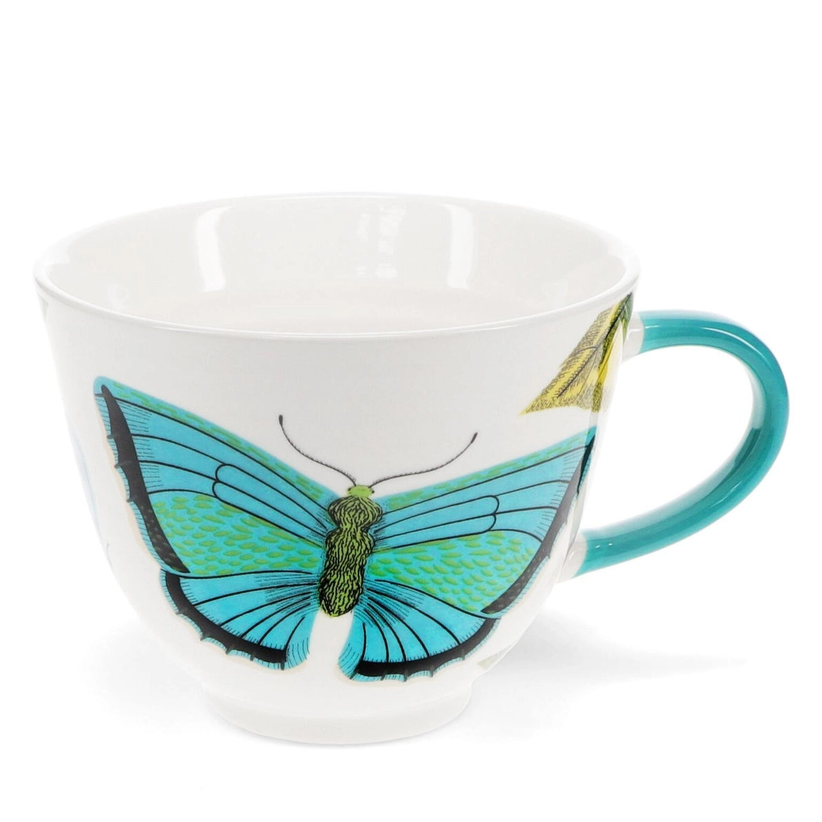 Large white mug with vivid blue butterfly illustration and blue handle.