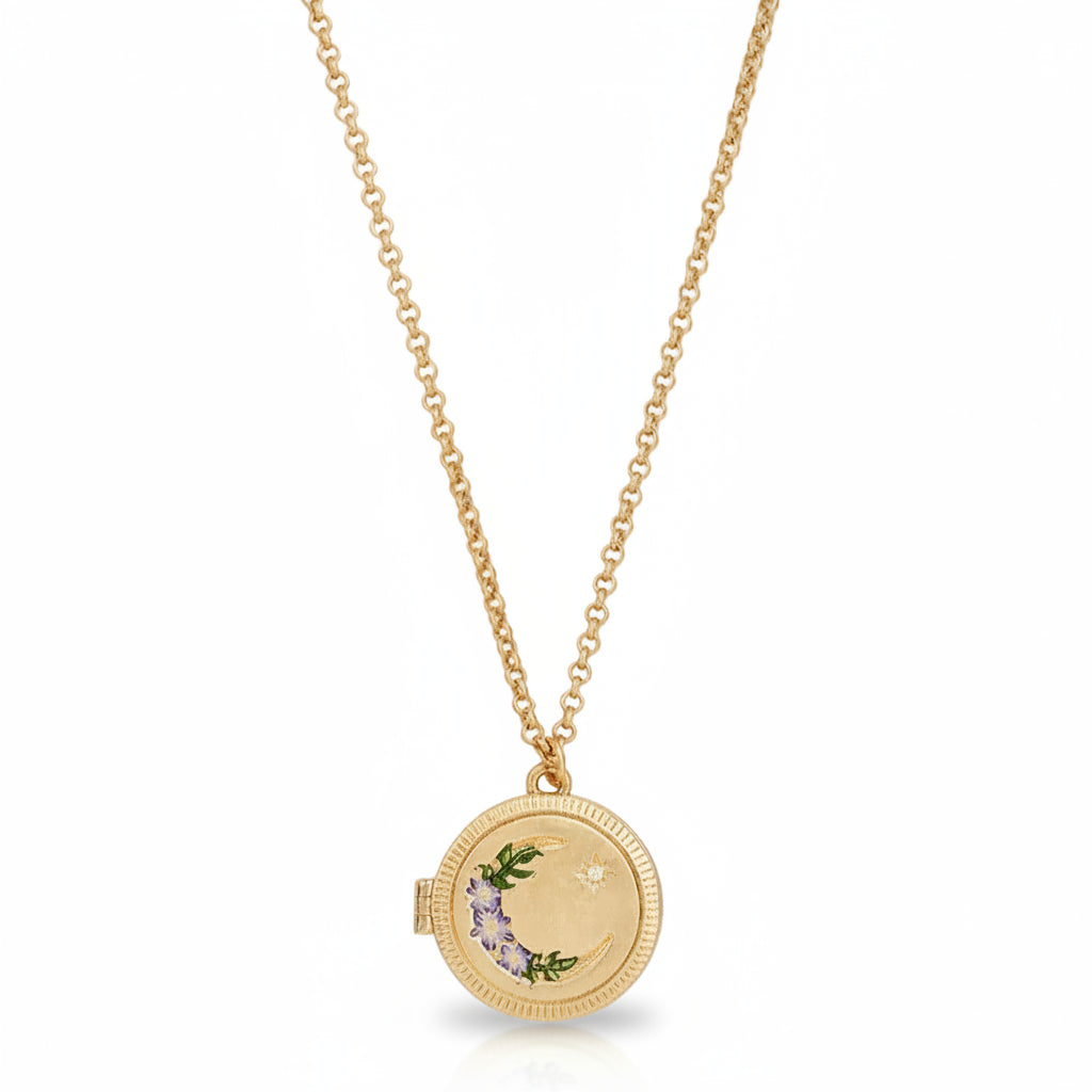 Nightshade Moon Round Gold Locket Necklace on gold chain – closed view.