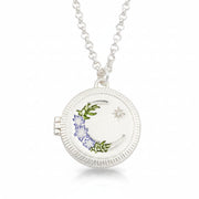 Nightshade Moon Round Silver Locket Necklace with enamel crescent and star detail.