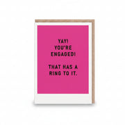 Hot pink engagement card with bold black capitals and no illustration