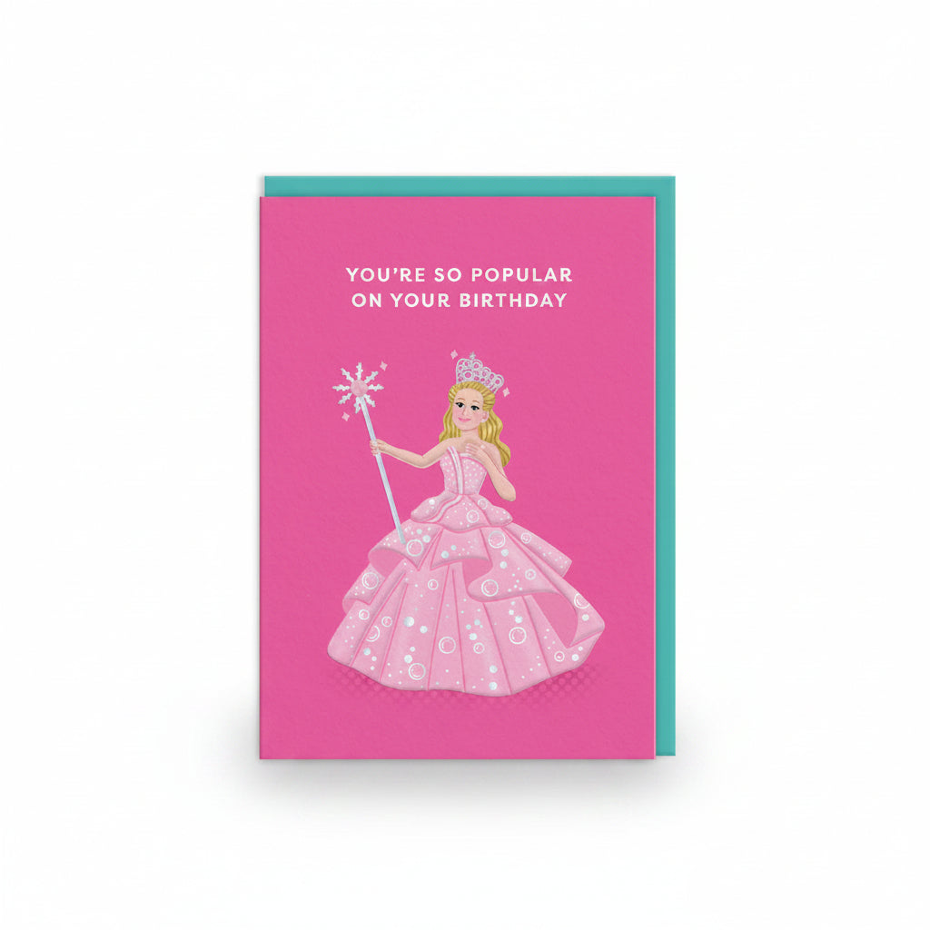 Hot pink birthday card with a woman in a bubble-covered pink ball gown