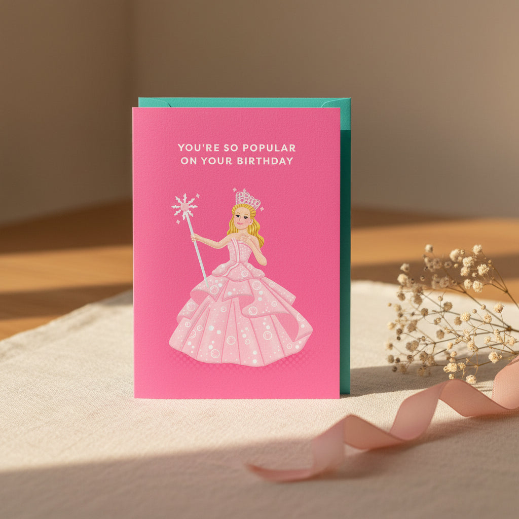 Birthday card with a princess illustration and text on a pink background