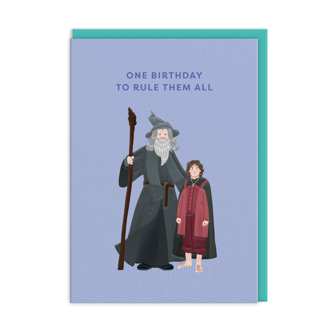 Periwinkle birthday card illustrated with a bearded wizard and a small hobbit