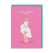 Hot pink birthday card with a woman in a billowing white dress