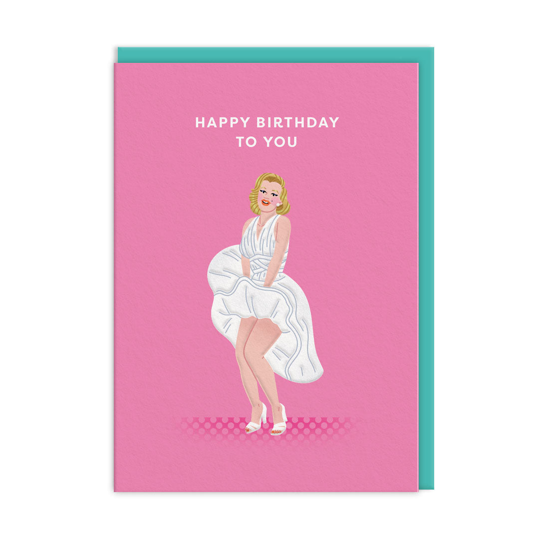 Hot pink birthday card with a woman in a billowing white dress