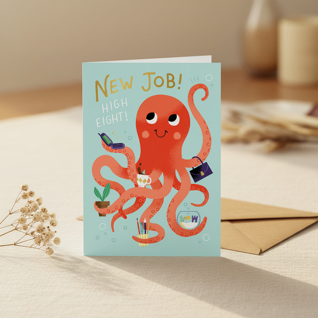 Greeting card with an octopus illustration and 'New Job! High Eight!' text on a light blue background.