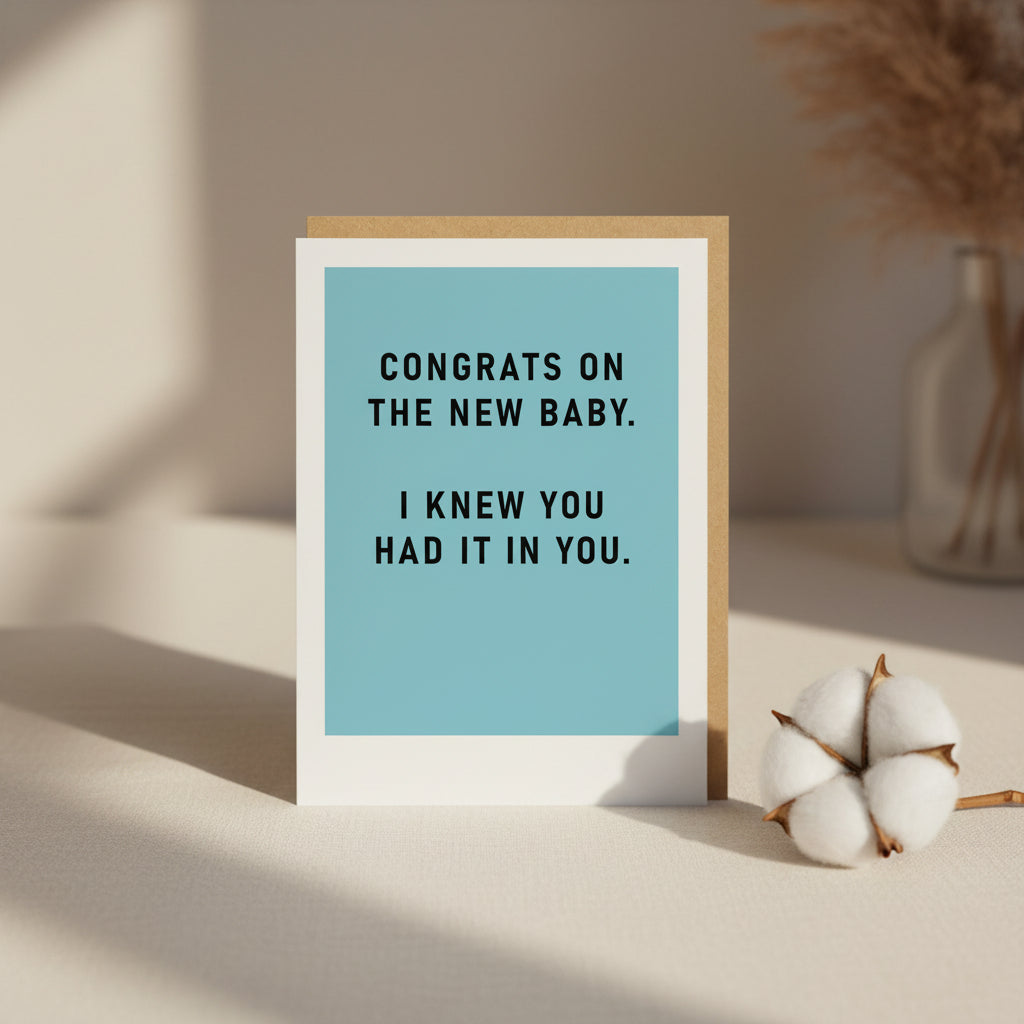 Greeting card with humorous text on a light blue background