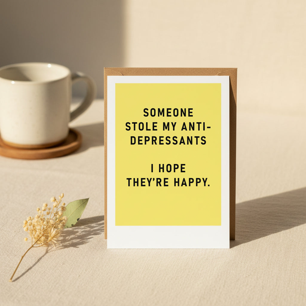 Yellow card with black text 'Someone stole my antidepressants I hope they're happy.' on a white background.