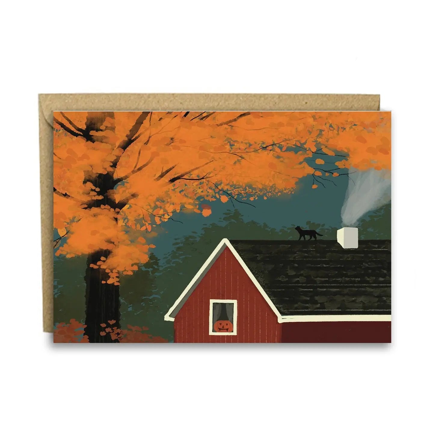 October card with autumn tree, red barn and cat illustration with kraft envelope