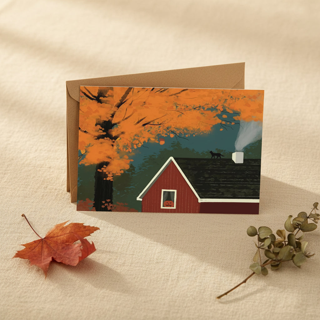 A square greeting card with a kraft envelope, featuring an autumn landscape illustration of a red barn, orange trees, and a black cat on a dark roof.