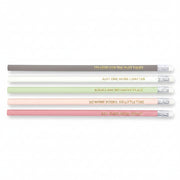 Flat lay of five pastel pencils featuring literary quotes in gold foil.