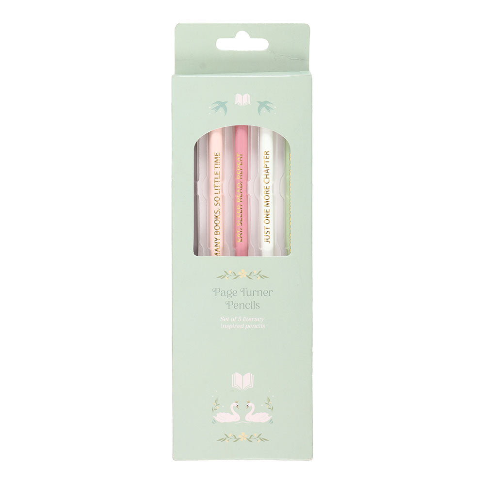 Mint green gift box containing five pastel book-themed pencils with quotes.