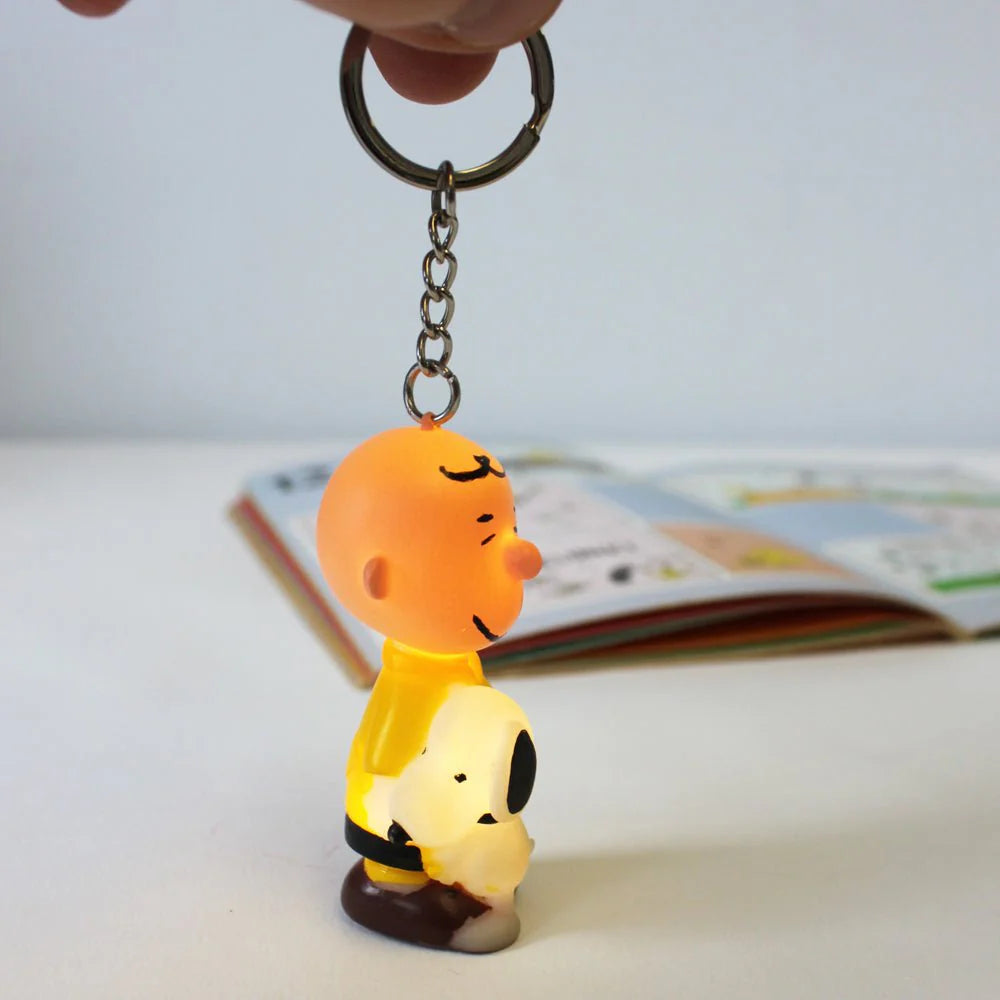 Person holding the Peanuts Charlie Brown & Snoopy keyring, demonstrating its size.