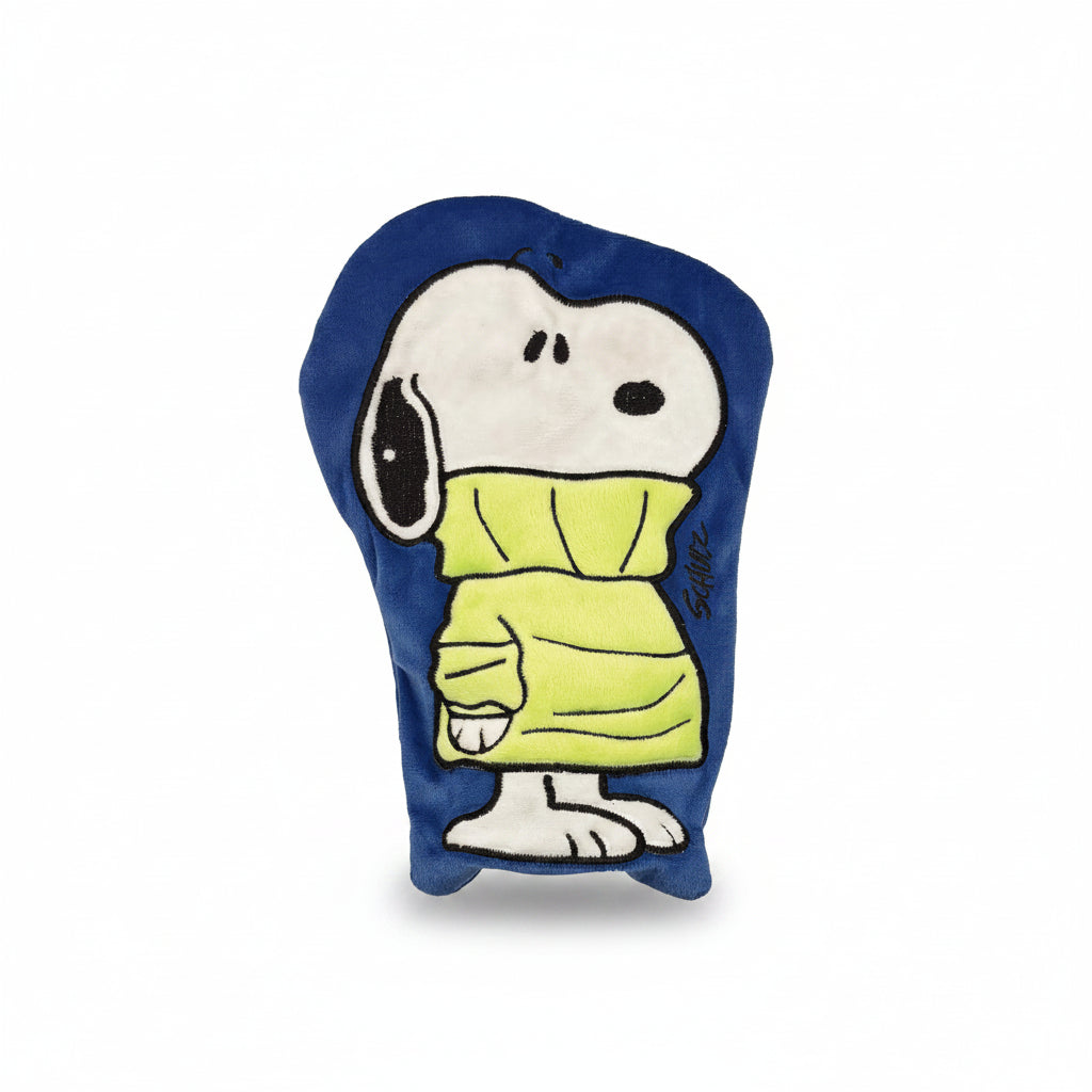 Front view of Peanuts Snoopy Jumper mini hot water bottle with Snoopy in green jumper.
