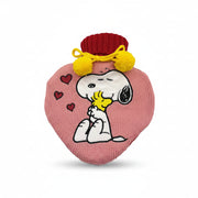 Front view of Snoopy Love Hot Water Bottle with pink knit, applique patch and yellow pompoms.