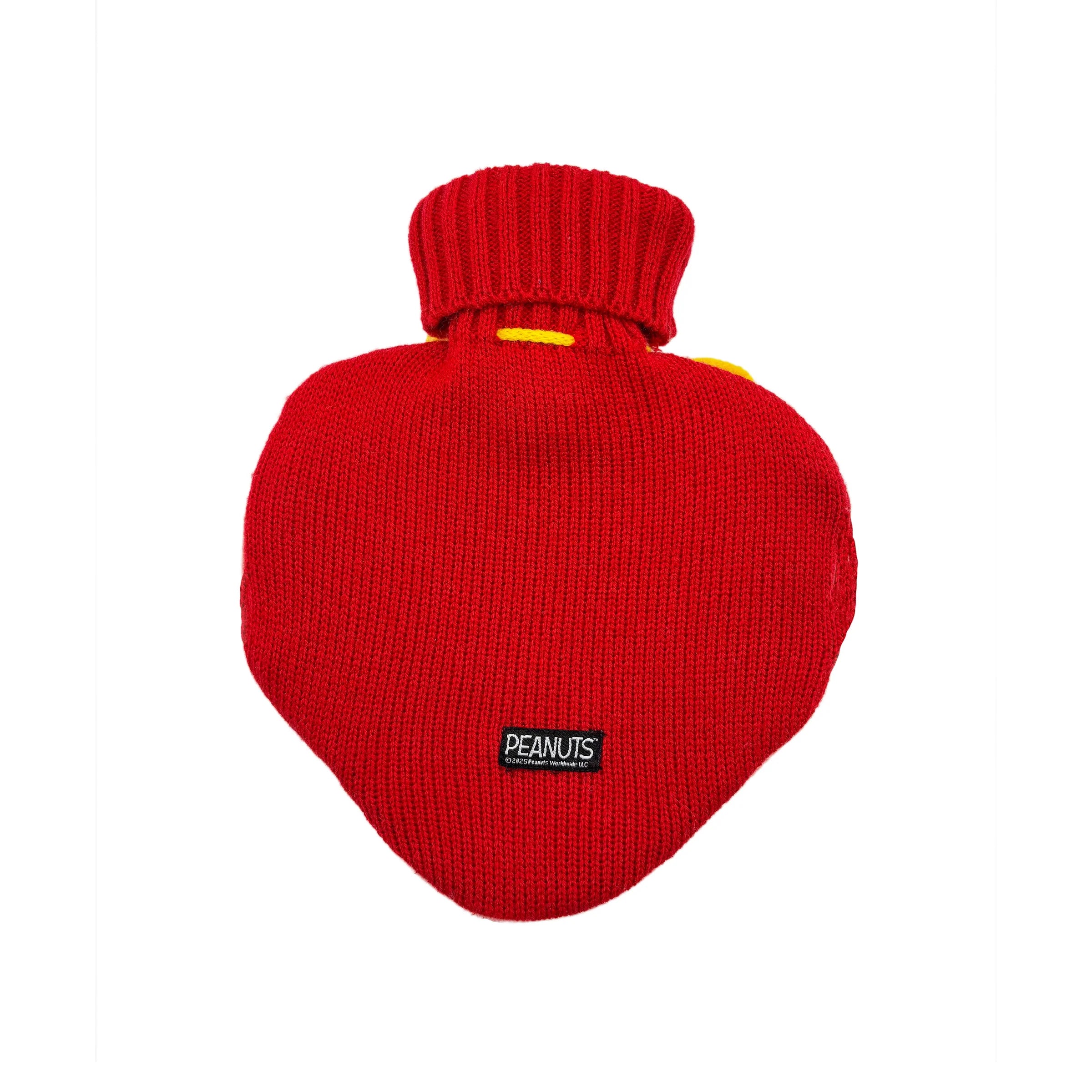 Back view of Snoopy Love Hot Water Bottle with plain red knit and logo tag.