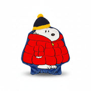 Front view of Peanuts Snoopy Puffa Hot Water Bottle with Snoopy in red puffa coat and knitted pom-pom beanie.