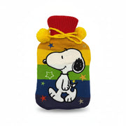 Front view of Snoopy Rainbow Hot Water Bottle with Snoopy applique and pompoms on white background.