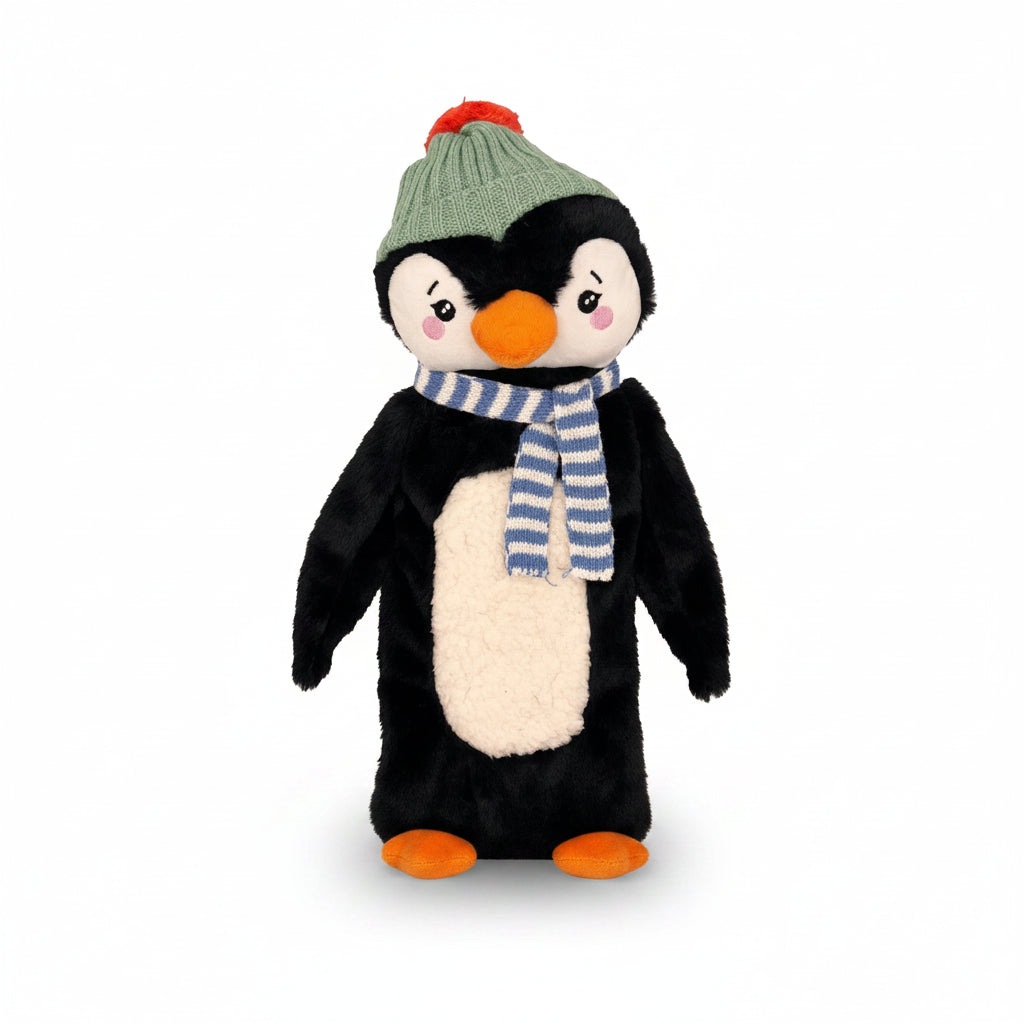 Front studio view of penguin hot water bottle with embroidered face and blue striped scarf.