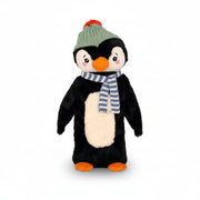 Front studio view of penguin hot water bottle with embroidered face and blue striped scarf.
