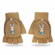Neutral Peter Rabbit™ Mittens – tan knit flip-top gloves with Peter Rabbit embroidery on front.