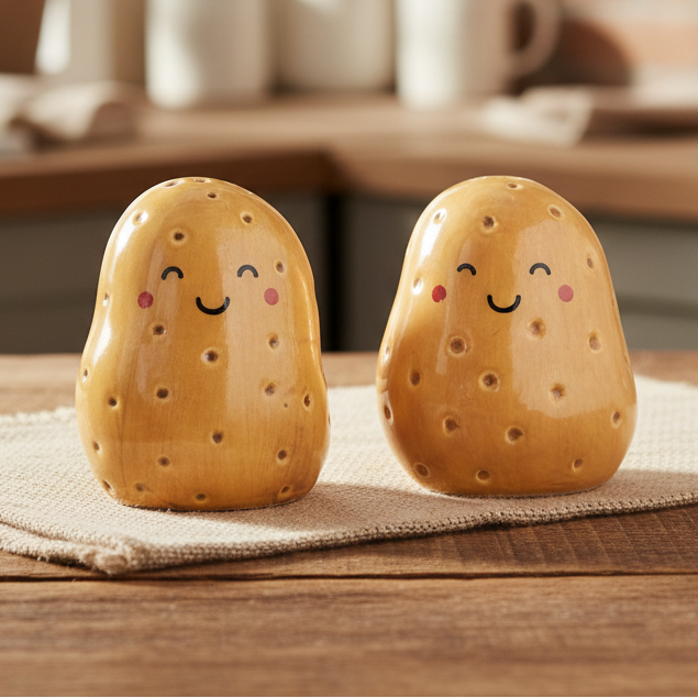 Ceramic Potato Salt and Pepper Shakers with smiling faces – quirky kitchen tableware gift.